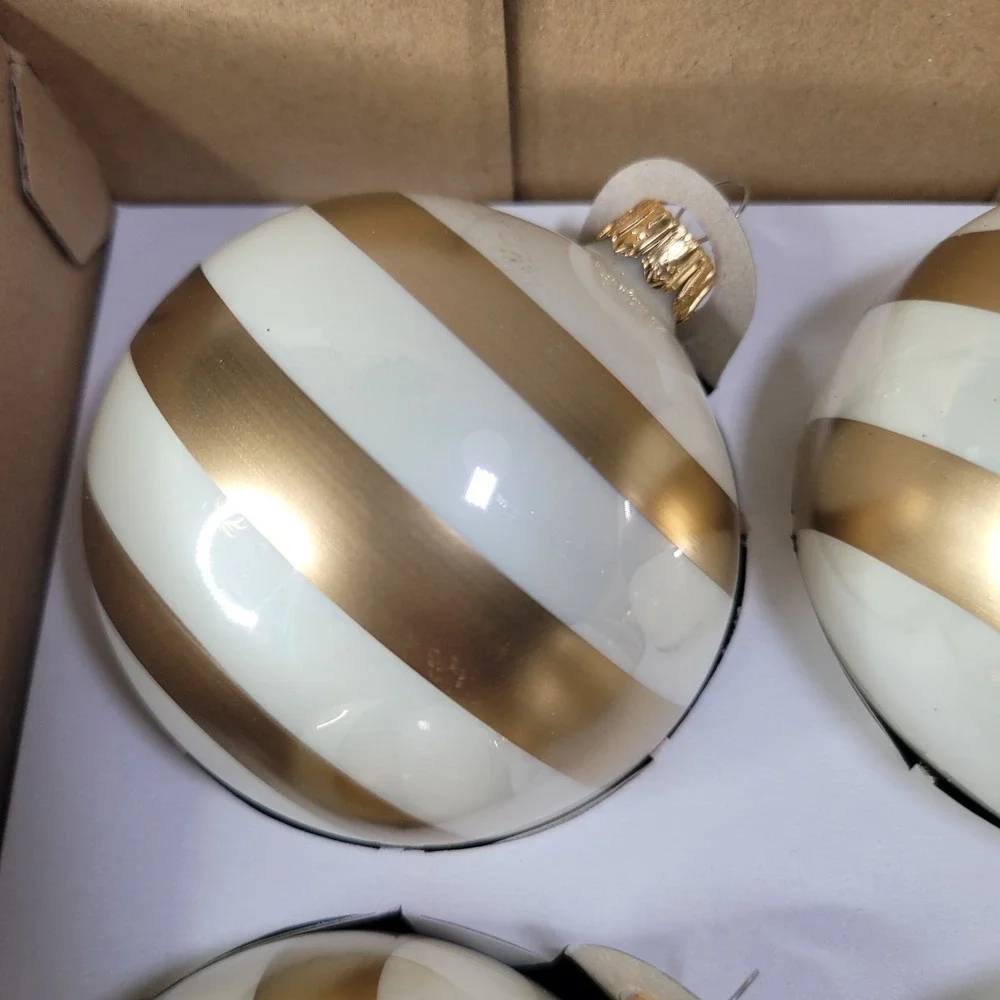 Vitbis‎ Set of 8 Christmas Ornaments White & Gold Stripes Handcrafted Poland